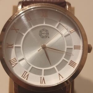 Vtg World Mathematics Team Championship Promo Goldtone/White Leather Men's Watch